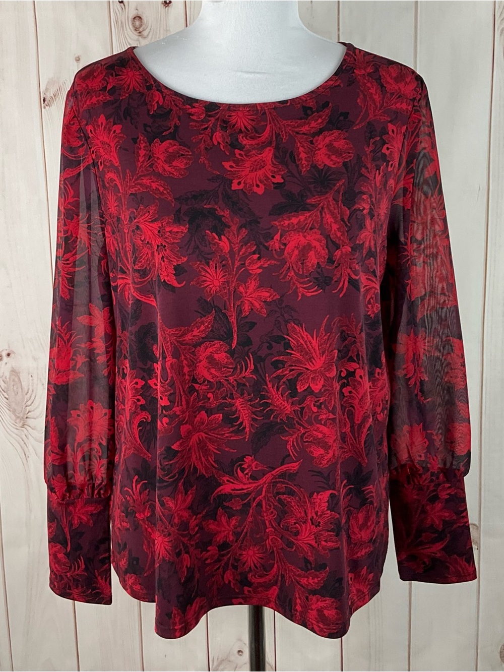 Cato Red Black Floral Long Sheer Sleeve Blouse